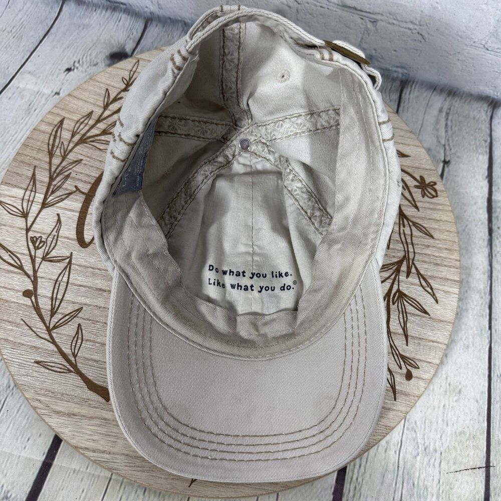 Life is Good Script Spellout Hat Strapback Cap Beige Blue Thick Stitched Outdoor - Picture 8 of 10